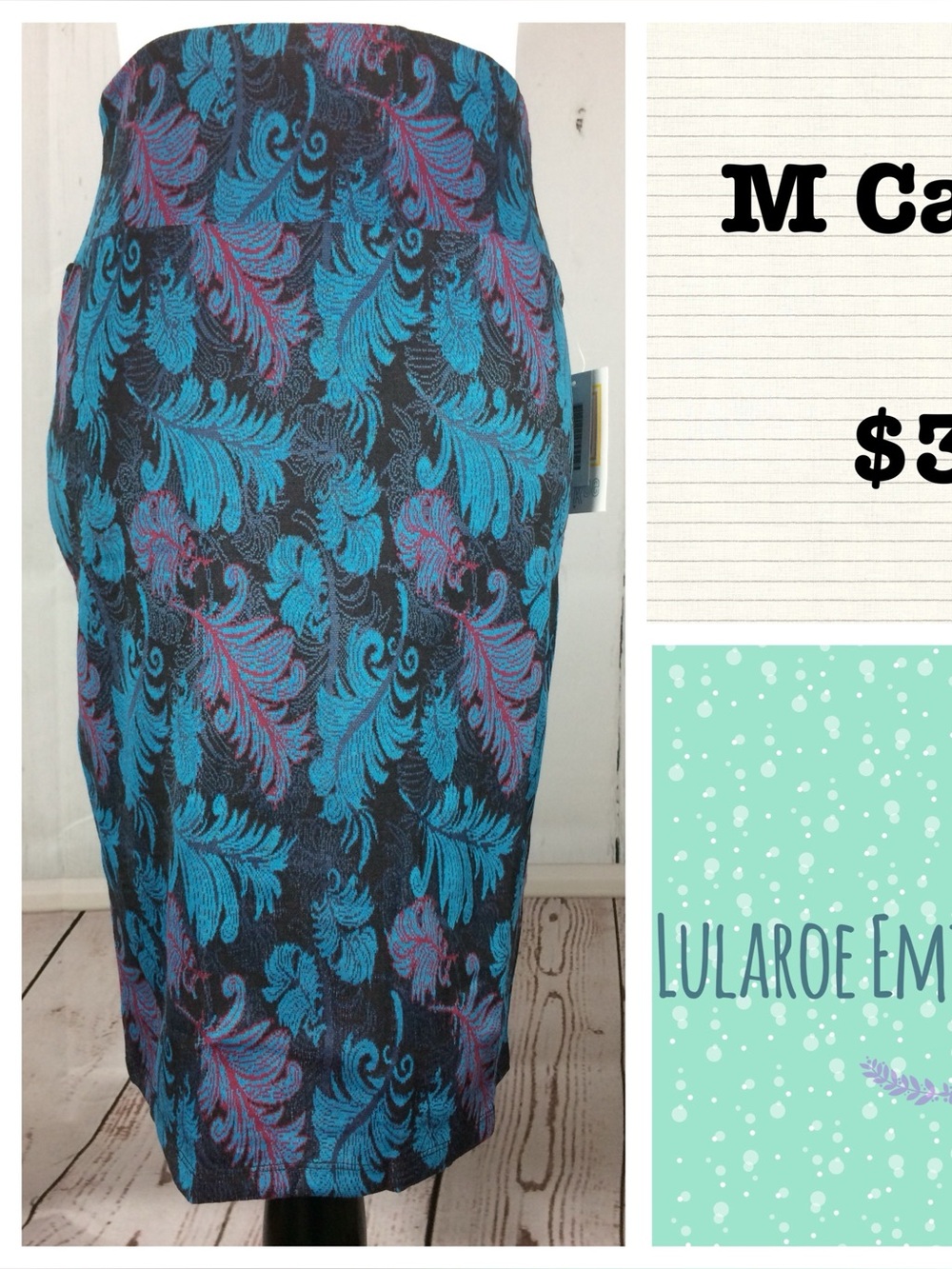 NWT LuLaRoe Pencil Skirt in Teal, Black & Magenta Feather Print